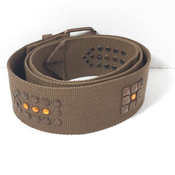 Womens Belt Canvas Tan Brown Studs Rhinestones Metal Buckle Boho Festival - Picture 2 of 3